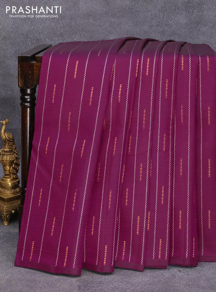 Pure kanjivaram silk saree purple and dual shade of bluish green with allover silver & gold zari weaves in borderless style