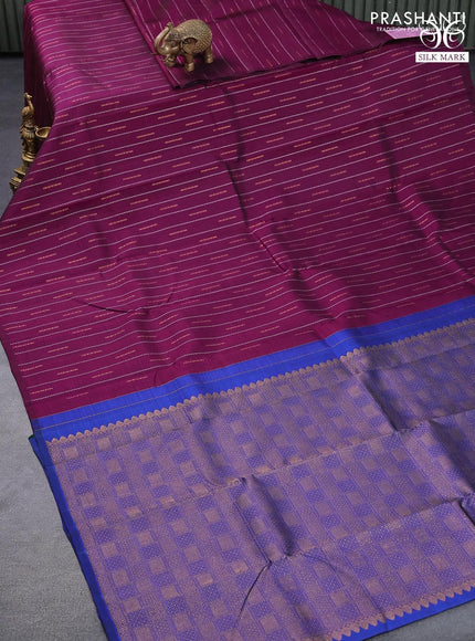 Pure kanjivaram silk saree purple and dual shade of bluish green with allover silver & gold zari weaves in borderless style