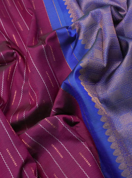 Pure kanjivaram silk saree purple and dual shade of bluish green with allover silver & gold zari weaves in borderless style