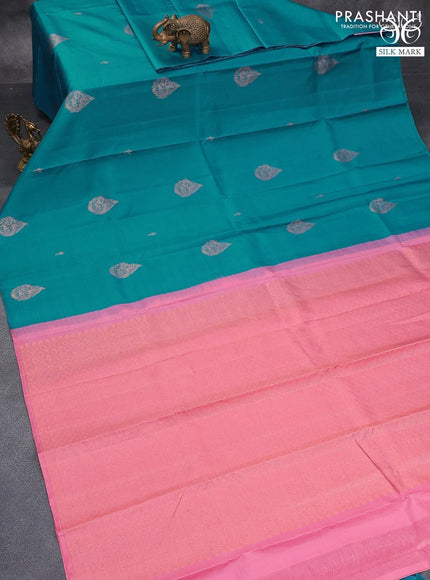 Pure kanjivaram silk saree cs blue and light pink with zari woven buttas in borderless style