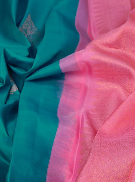 Pure kanjivaram silk saree cs blue and light pink with zari woven buttas in borderless style