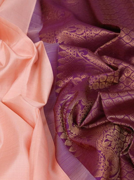 Pure kanjivaram silk saree peach shade and dark magenta pink with zari woven buttas in borderless style