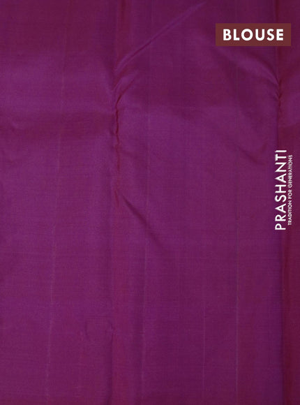 Pure kanjivaram silk saree peach shade and dark magenta pink with zari woven buttas in borderless style