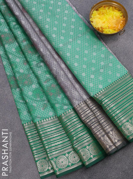 Banarasi kora saree green shade with allover ikat weaves and long zari woven border - {{ collection.title }} by Prashanti Sarees