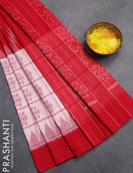 Ikat cotton saree red and off white with allover ikat weaves and simple border without blouse