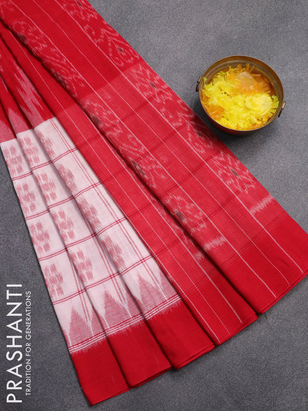 Ikat cotton saree red and off white with allover ikat weaves and simple border without blouse