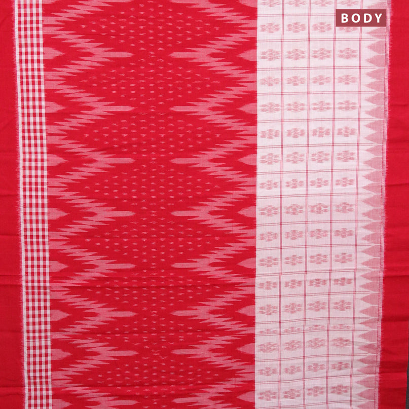 Ikat cotton saree red and off white with allover ikat weaves and simple border without blouse