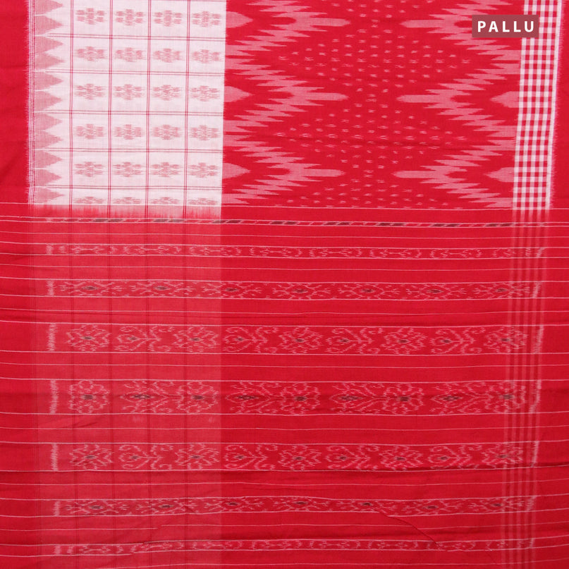 Ikat cotton saree red and off white with allover ikat weaves and simple border without blouse