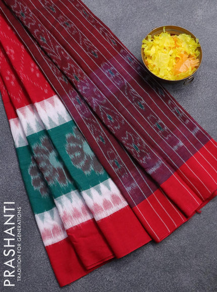 Ikat cotton saree red and green off white with allover ikat weaves and simple border without blouse - {{ collection.title }} by Prashanti Sarees