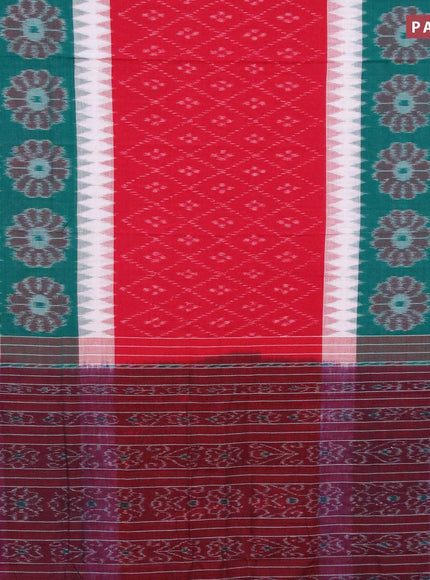 Ikat cotton saree red and green off white with allover ikat weaves and simple border without blouse - {{ collection.title }} by Prashanti Sarees