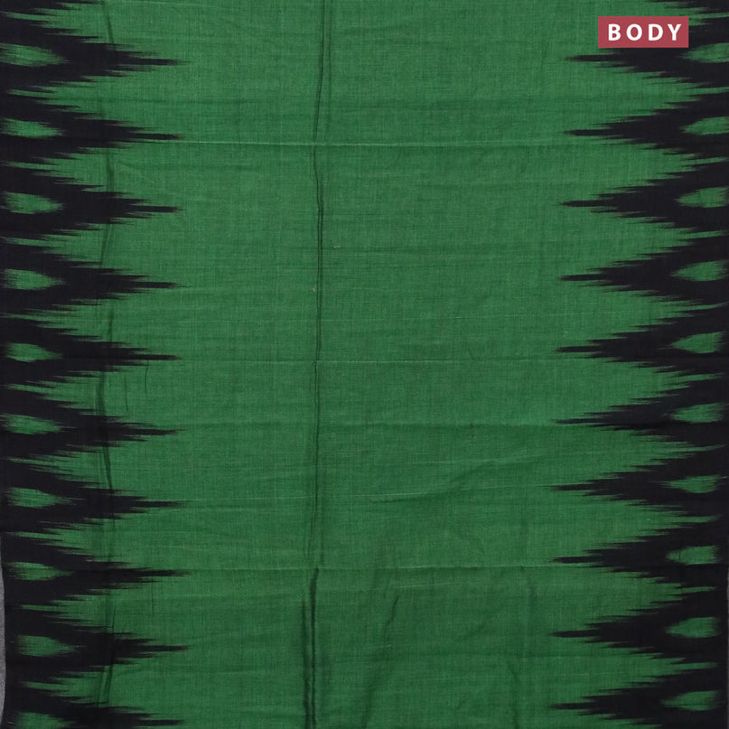 Ikat cotton saree green and black with plain body and temple design ikat woven border without blouse