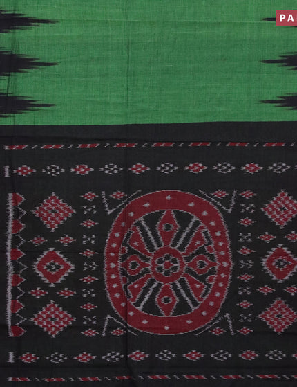 Ikat cotton saree green and black with plain body and temple design ikat woven border without blouse