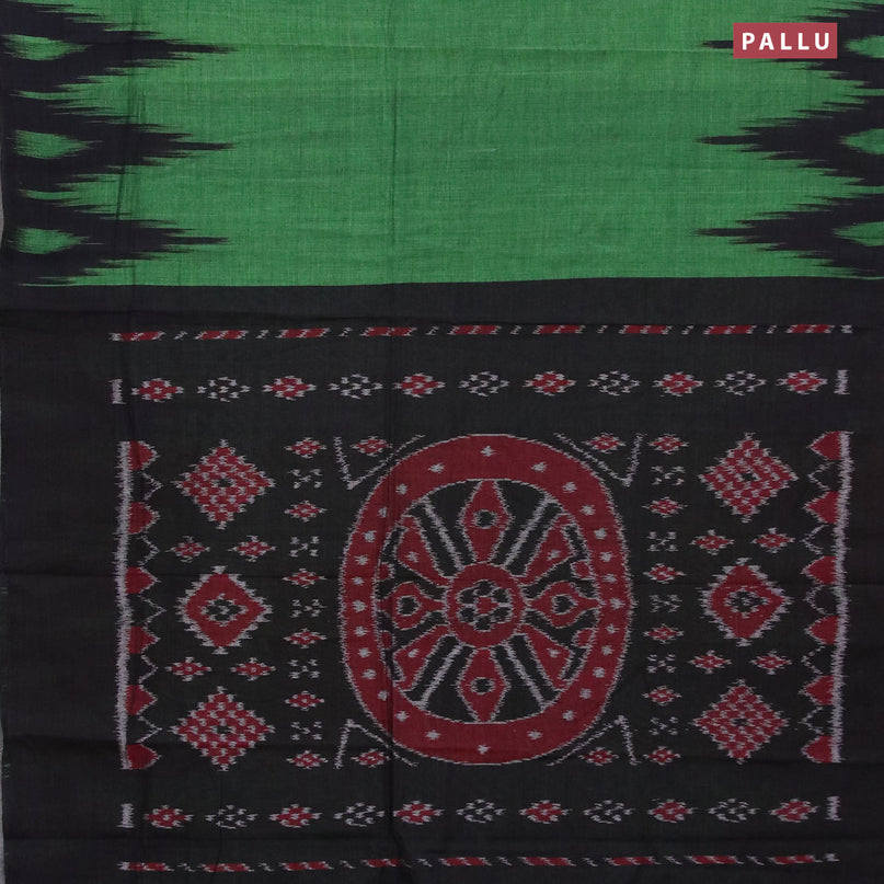 Ikat cotton saree green and black with plain body and temple design ikat woven border without blouse