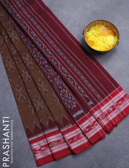 Ikat cotton saree brown and maroon with allover ikat butta weaves and vidarbha border without blouse