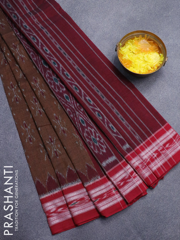 Ikat cotton saree brown and maroon with allover ikat butta weaves and vidarbha border without blouse