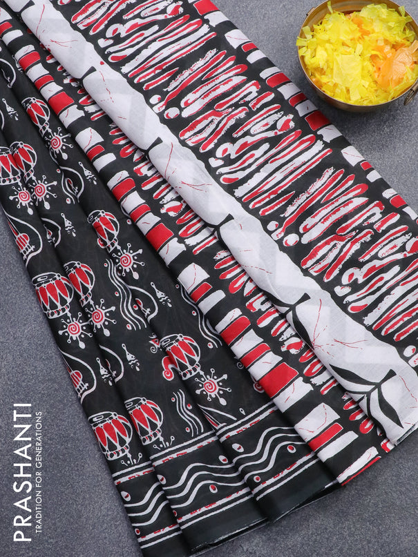 Jaipur cotton saree black with allover musical instrument prints and printed border