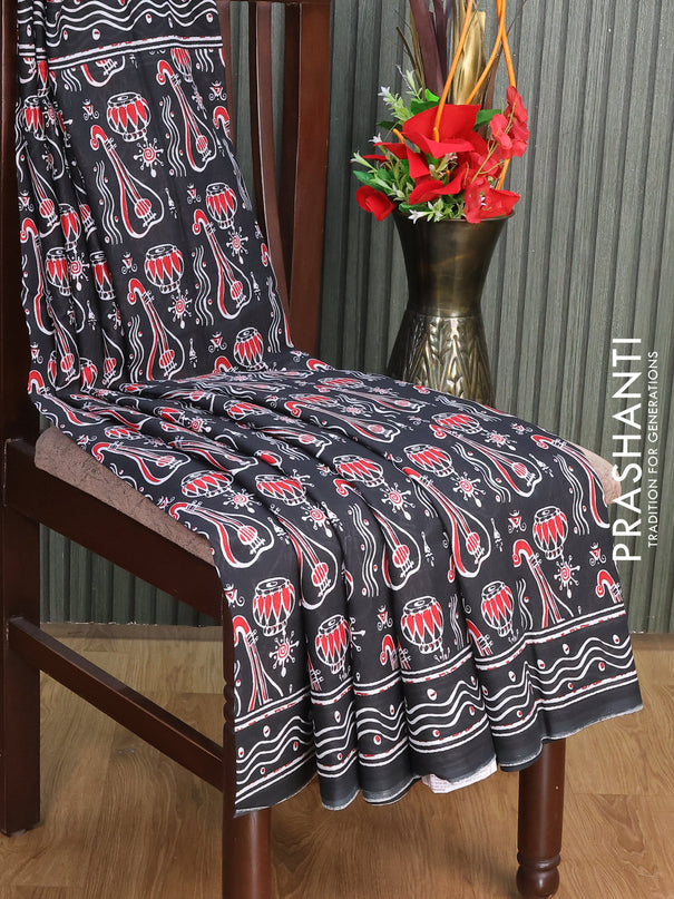 Jaipur cotton saree black with allover musical instrument prints and printed border