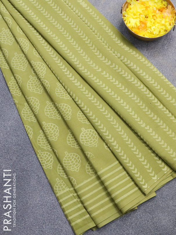 Jaipur cotton saree lime green with allover butta prints and printed border
