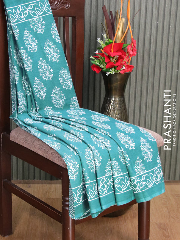 Jaipur cotton saree teal blue shade with allover butta prints and printed border