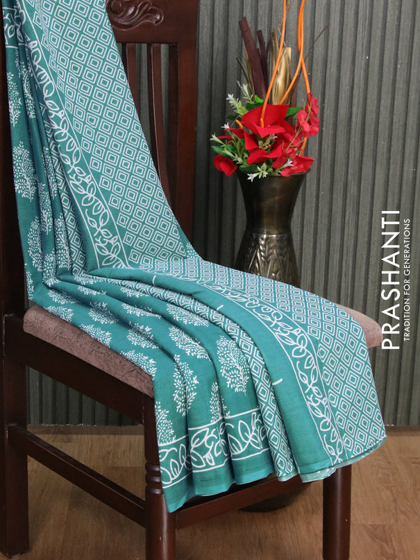 Jaipur cotton saree teal blue shade with allover butta prints and printed border