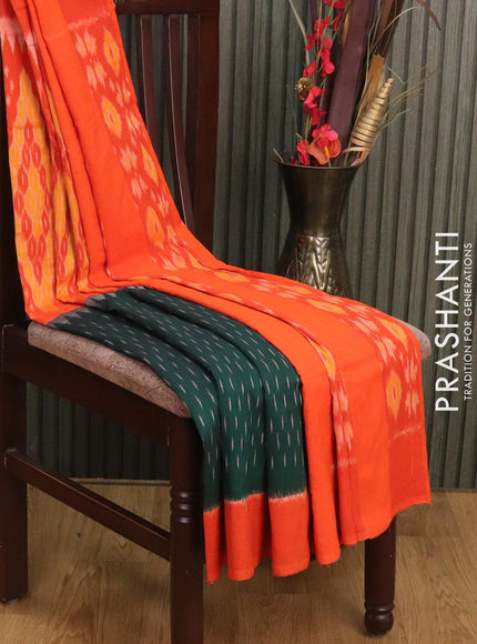 Ikat cotton saree dark green and orange with allover ikat butta weaves and printed border