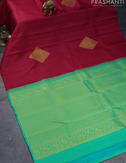 Pure kanjivaram silk saree dark pink and teal green with zari woven geometric buttas in borderless style