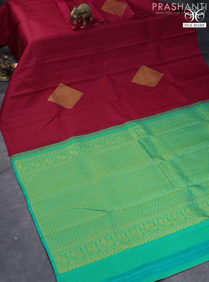 Pure kanjivaram silk saree dark pink and teal green with zari woven geometric buttas in borderless style