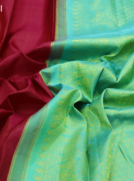 Pure kanjivaram silk saree dark pink and teal green with zari woven geometric buttas in borderless style