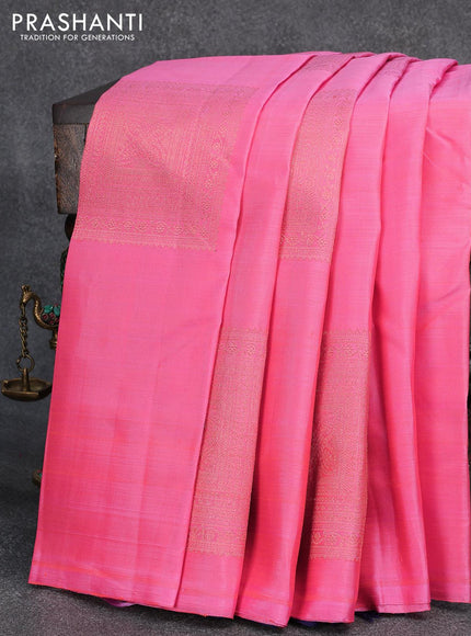 Pure kanjivaram silk saree peach pink and navy blue with zari woven geometric buttas in borderless style