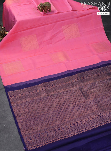 Pure kanjivaram silk saree peach pink and navy blue with zari woven geometric buttas in borderless style