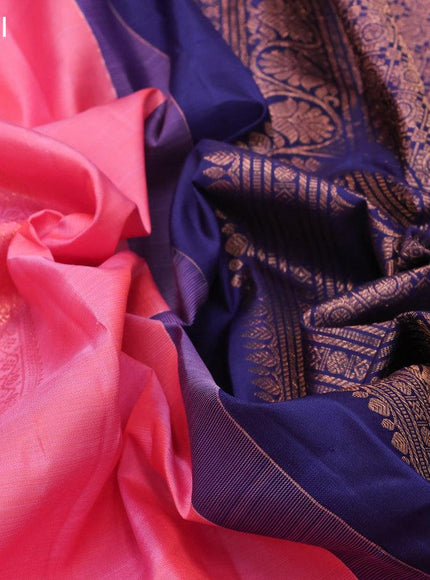 Pure kanjivaram silk saree peach pink and navy blue with zari woven geometric buttas in borderless style