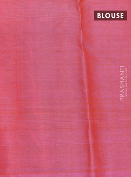 Pure kanjivaram silk saree peach pink and navy blue with zari woven geometric buttas in borderless style