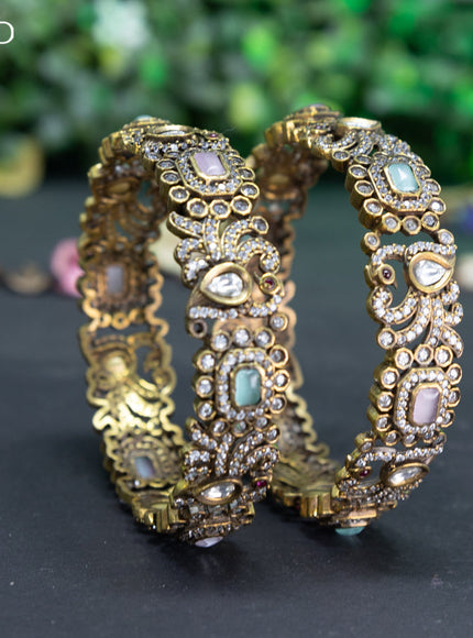 Victorian bangle peacock design with mint green & baby pink and cz stones