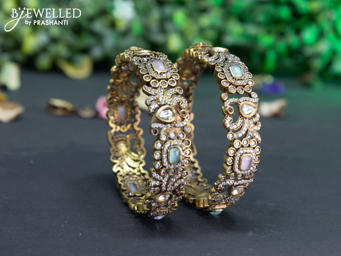 Victorian bangle peacock design with mint green & baby pink and cz stones