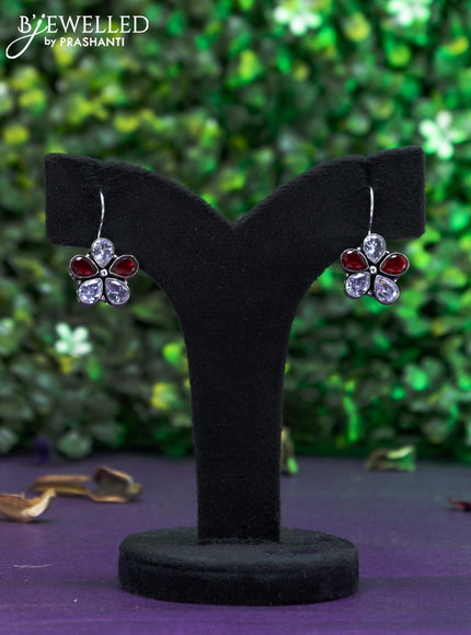 Oxidised hanging type earring with maroon and cz stones