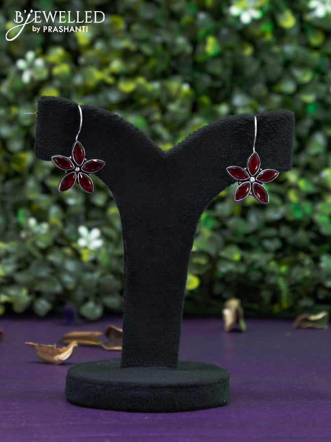 Oxidised hanging type earring floral design with maroon stones