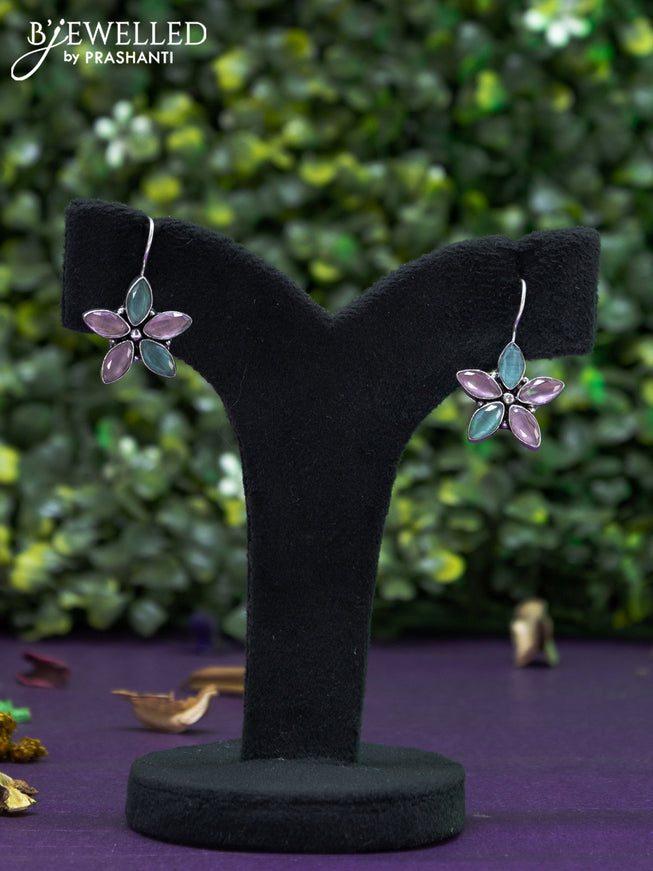 Oxidised hanging type earring floral design with mint green and baby pink stones