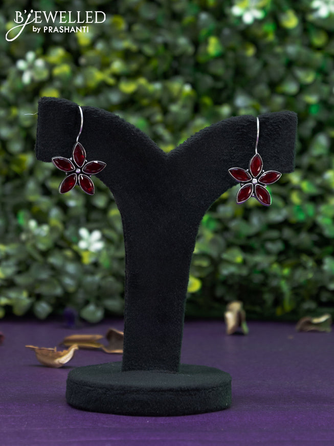 Oxidised hanging type earring floral design with maroon stones