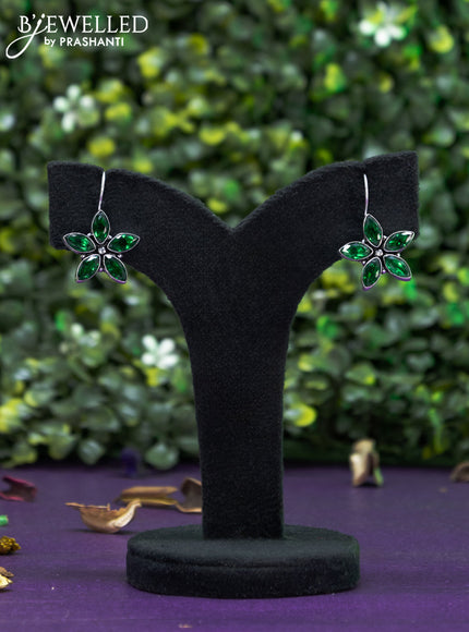 Oxidised hanging type earring floral design with emerald stones