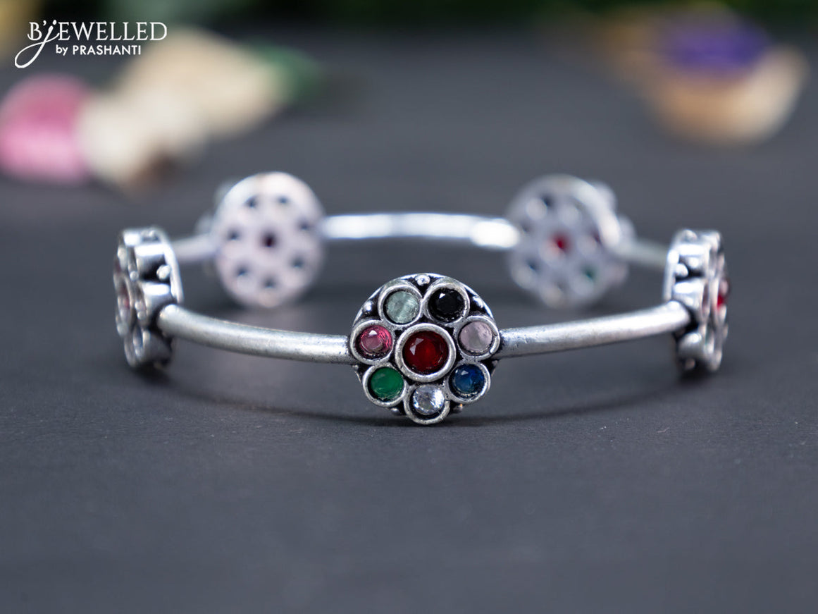 Oxidised floral design bangle with multi colour stones