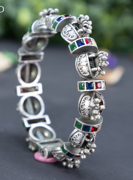 Oxidised screw type bangle with multi colour stones and hanging