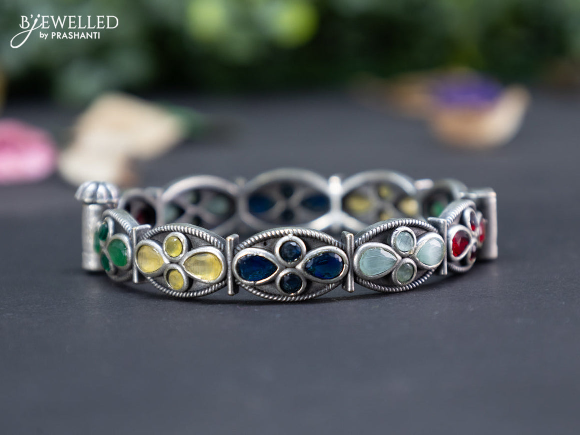 Oxidised screw type bangle with multi colour stones