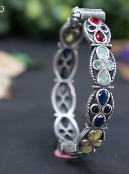 Oxidised screw type bangle with multi colour stones