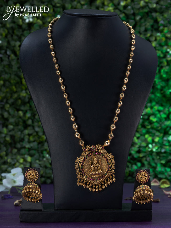 Antique mala type necklace kemp stones with lakshmi pendant and golden beads hanging