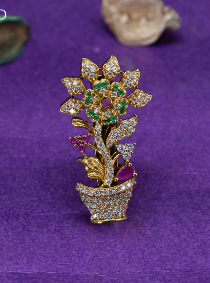 Antique saree pin floral design with kemp and cz stones