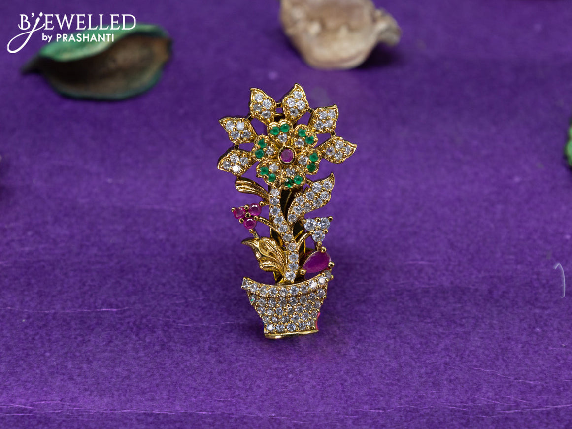 Antique saree pin floral design with kemp and cz stones