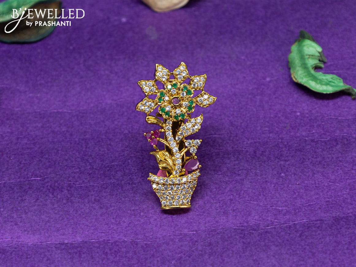 Antique saree pin floral design with kemp and cz stones