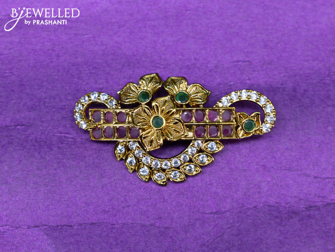 Antique saree pin floral design with kemp and cz stones