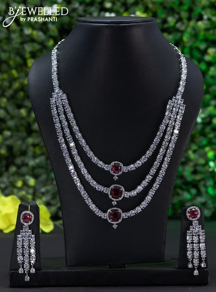 Zircon triple layer necklace with ruby and cz stones