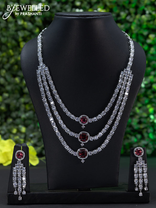 Zircon triple layer necklace with ruby and cz stones